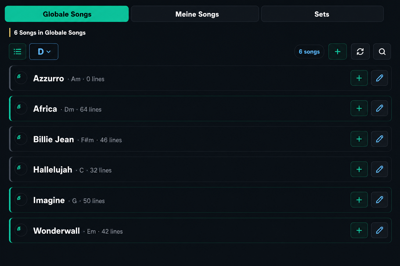 Current Global Songs screen